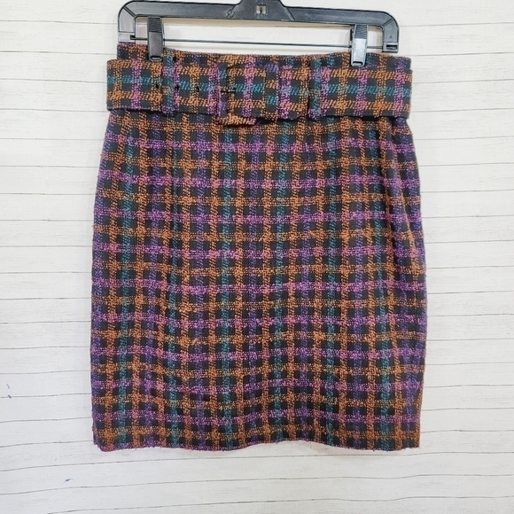 VINTAGE WOOL BLEND PLAID SKIRT W BELT, SZ 10 - Picture 1 of 11